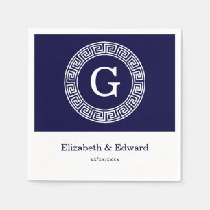 Navy Blue Wht Greek Key Rnd Frame Initial Monogram Napkin