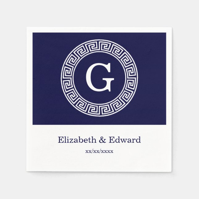 Navy Blue Wht Greek Key Rnd Frame Initial Monogram Napkin (Front)