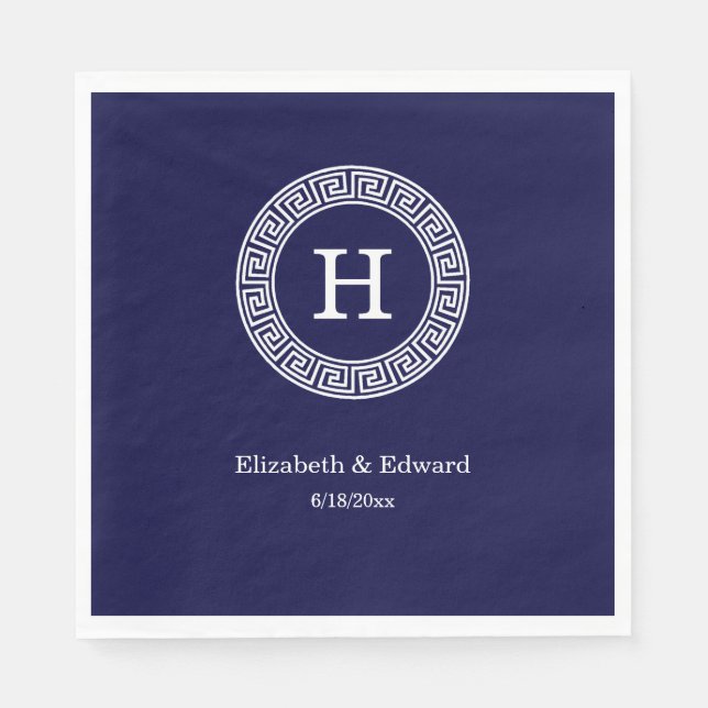 Navy Blue Wht Greek Key Rnd Frame Initial Monogram Napkin (Front)