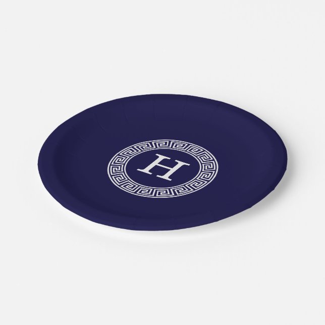 Navy Blue Wht Greek Key Rnd Frame Initial Monogram Paper Plate (Angled)