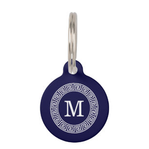 Navy Blue Wht Greek Key Rnd Frame Initial Monogram Pet Tag