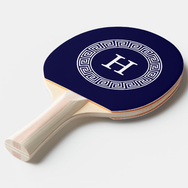 Navy Blue Wht Greek Key Rnd Frame Initial Monogram Ping Pong Paddle (Front Angle)