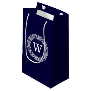 Navy Blue Wht Greek Key Rnd Frame Initial Monogram Small Gift Bag