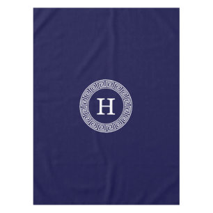 Navy Blue Wht Greek Key Rnd Frame Initial Monogram Tablecloth