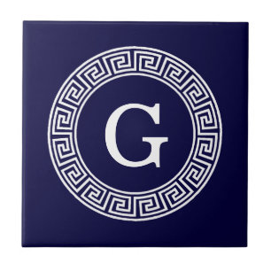 Navy Blue Wht Greek Key Rnd Frame Initial Monogram Tile