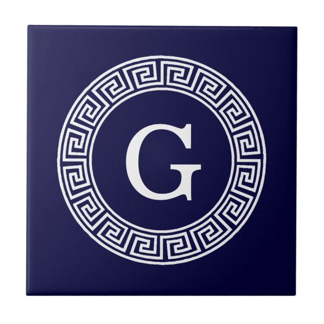 Navy Blue Wht Greek Key Rnd Frame Initial Monogram Tile (Front)