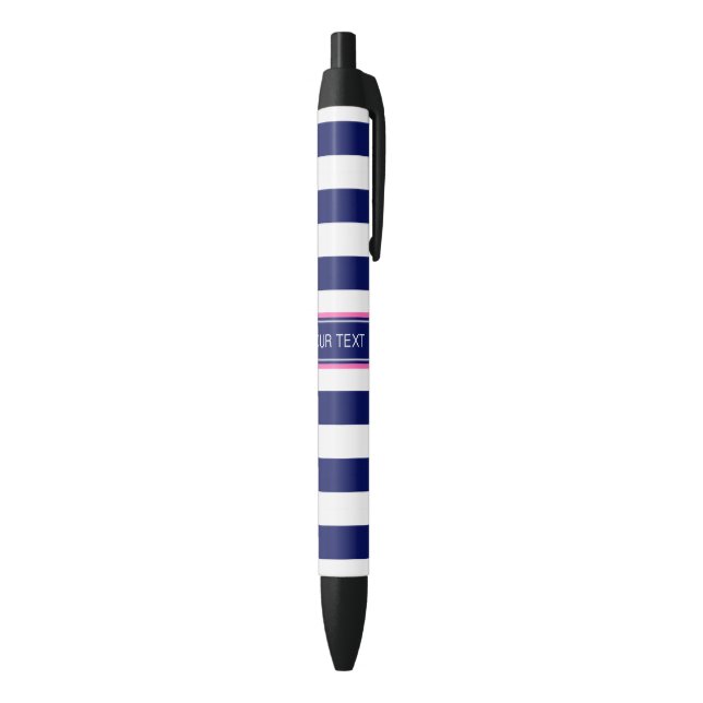 Navy Blue Wht Horiz Stripe Hot Pink Name Monogram Black Ink Pen (Bottom (Vertical))