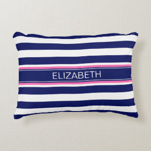 Navy Blue Wht Horiz Stripe Hot Pink Name Monogram Decorative Pillow