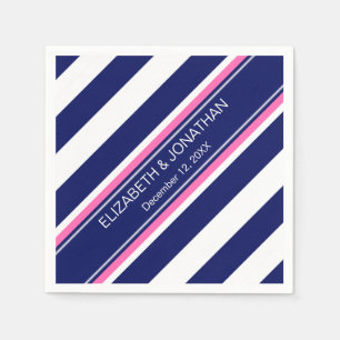Navy Blue Wht Horiz Stripe Hot Pink Name Monogram Napkin