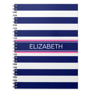 Navy Blue Wht Horiz Stripe Hot Pink Name Monogram Notebook