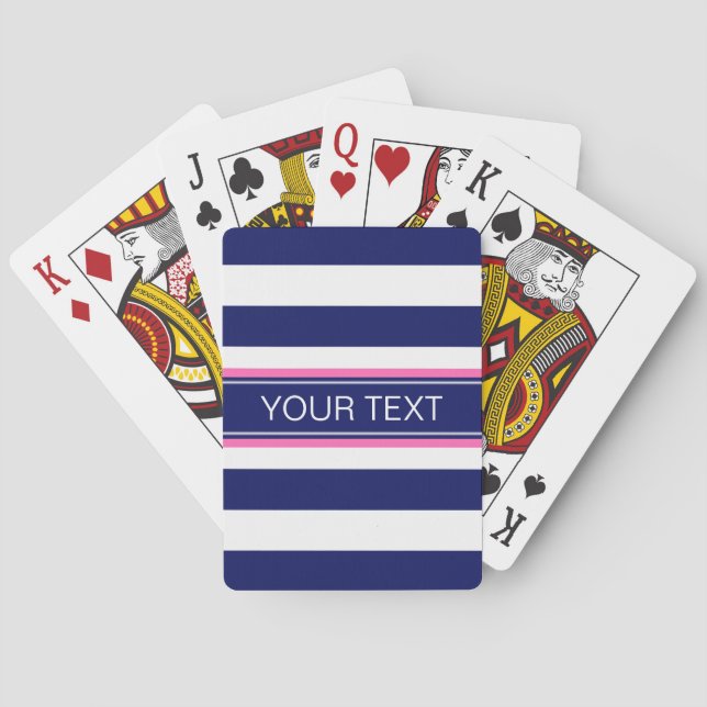 Navy Blue Wht Horiz Stripe Hot Pink Name Monogram Playing Cards (Back)