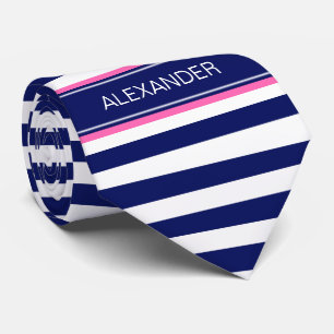 Navy Blue Wht Horiz Stripe Hot Pink Name Monogram Tie