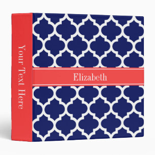 Navy Blue Wht Moroccan #5 Coral Red Name Monogram Binder
