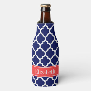 Navy Blue Wht Moroccan #5 Coral Red Name Monogram Bottle Cooler