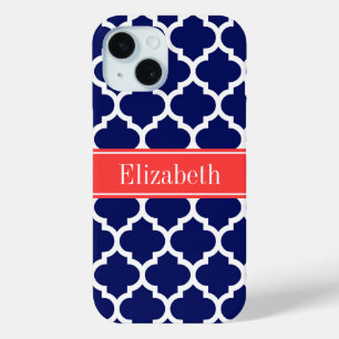 Navy Blue Wht Moroccan #5 Coral Red Name Monogram iPhone 15 Case
