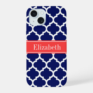 Navy Blue Wht Moroccan #5 Coral Red Name Monogram iPhone 15 Case