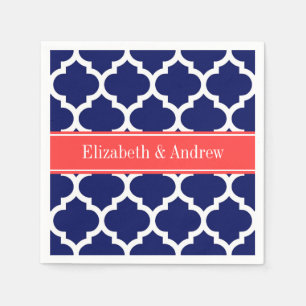 Navy Blue Wht Moroccan #5 Coral Red Name Monogram Napkin