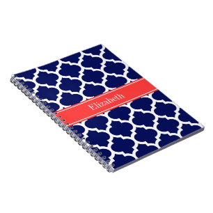 Navy Blue Wht Moroccan #5 Coral Red Name Monogram Notebook