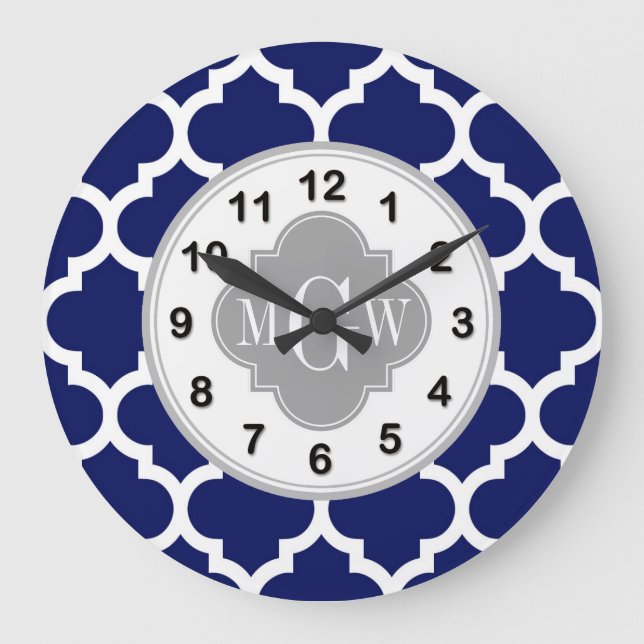 Navy Blue Wht Moroccan #5 Gray 3 Initial Monogram Large Clock (Front)