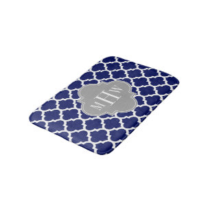 Navy Blue Wht Moroccan #5 Grey 3 Initial Monogram Bath Mat
