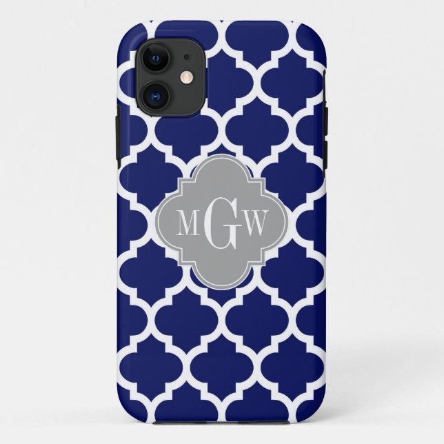 Navy Blue Wht Moroccan #5 Grey 3 Initial Monogram Case-Mate iPhone Case (Back)