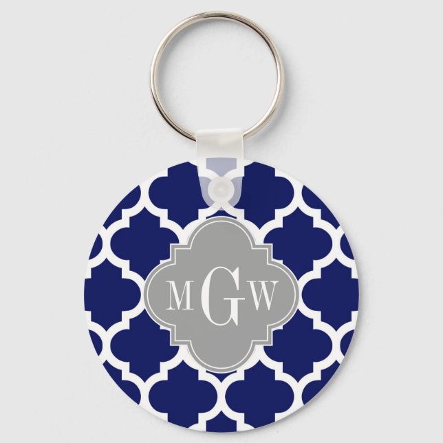 Navy Blue Wht Moroccan #5 Grey 3 Initial Monogram Keychain (Front)