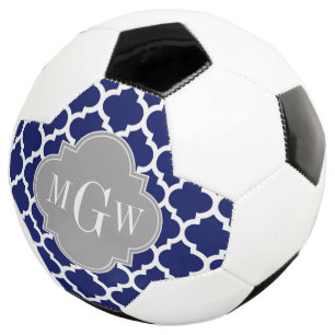 Navy Blue Wht Moroccan #5 Grey 3 Initial Monogram Soccer Ball