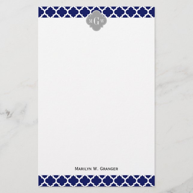 Navy Blue Wht Moroccan #5 Grey 3 Initial Monogram Stationery (Front)