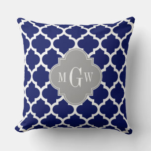 Navy Blue Wht Moroccan #5 Grey 3 Initial Monogram Throw Pillow