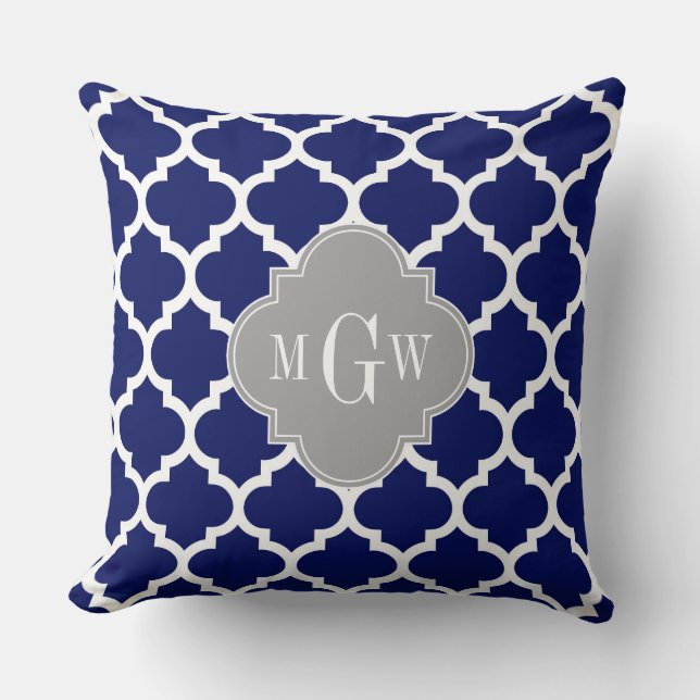 Navy Blue Wht Moroccan #5 Grey 3 Initial Monogram Throw Pillow (Front)