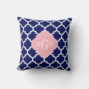 Navy Blue Wht Moroccan #5 Pink 3 Initial Monogram Throw Pillow