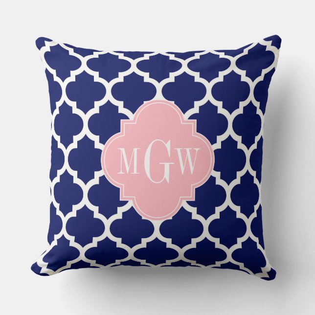 Navy Blue Wht Moroccan #5 Pink 3 Initial Monogram Throw Pillow (Front)