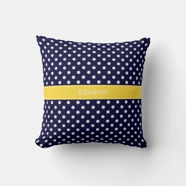Navy Blue Wht Polka Dots Pineapple Name Monogram Throw Pillow (Front)