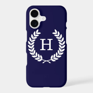 Navy Blue Wht Wheat Laurel Wreath Initial Monogram