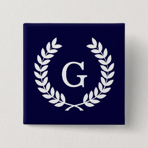 Navy Blue Wht Wheat Laurel Wreath Initial Monogram 2 Inch Square Button