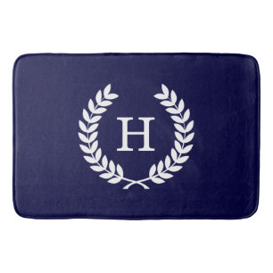 Navy Blue Wht Wheat Laurel Wreath Initial Monogram Bath Mat