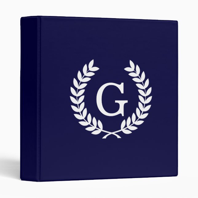 Navy Blue Wht Wheat Laurel Wreath Initial Monogram Binder (Front/Spine)