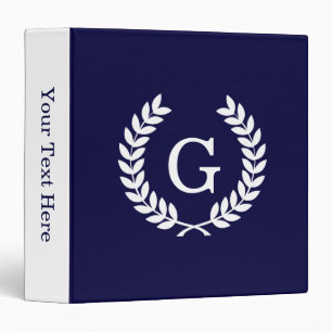 Navy Blue Wht Wheat Laurel Wreath Initial Monogram Binder