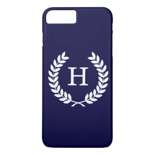 Navy Blue Wht Wheat Laurel Wreath Initial Monogram iPhone 8 Plus/7 Plus Case