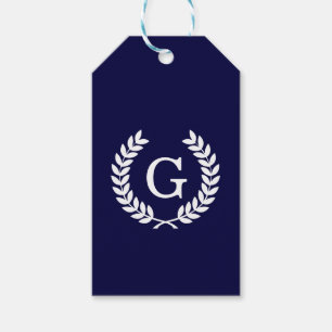 Navy Blue Wht Wheat Laurel Wreath Initial Monogram Gift Tags