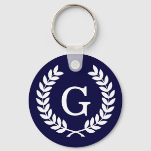Navy Blue Wht Wheat Laurel Wreath Initial Monogram Keychain