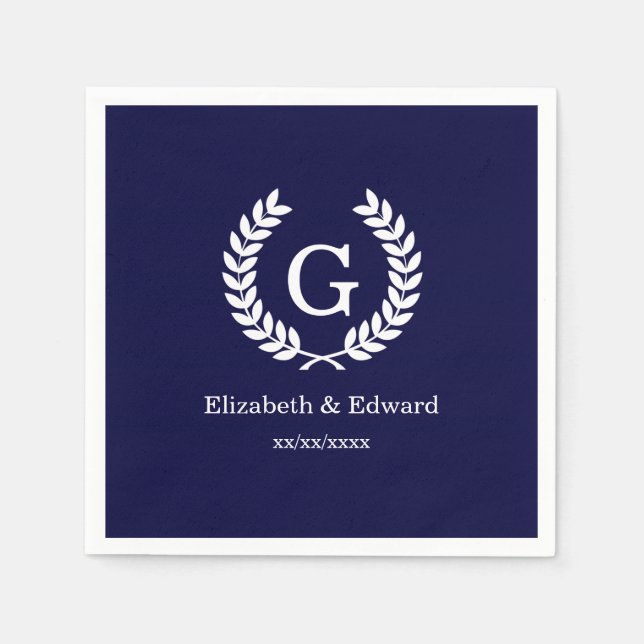Navy Blue Wht Wheat Laurel Wreath Initial Monogram Napkin (Front)