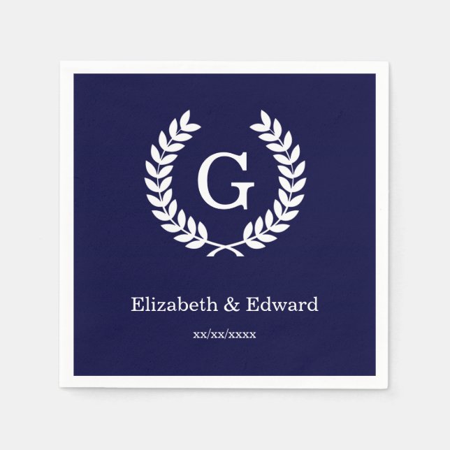 Navy Blue Wht Wheat Laurel Wreath Initial Monogram Napkin (Front)