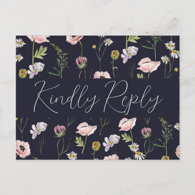  Navy Blue Wild Flower Boho Garden Wedding RSVP Invitation Postcard (Front)