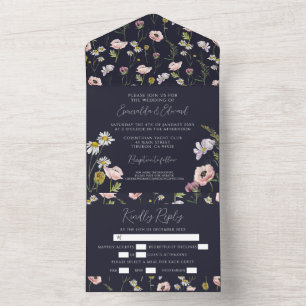 Navy Blue Wild Flower Botanical Garden Wedding  All In One Invitation