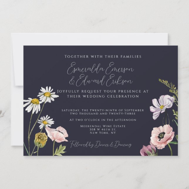  Navy Blue Wild Flower Garden Wedding  Invitation (Front)