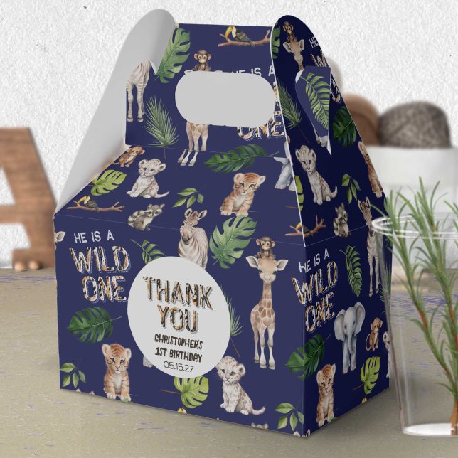 Navy Blue WIld One Themed Safari Animals Birthday Favor Box (Navy Blue, Wild One Safari Themed 1st birthday favor box.)