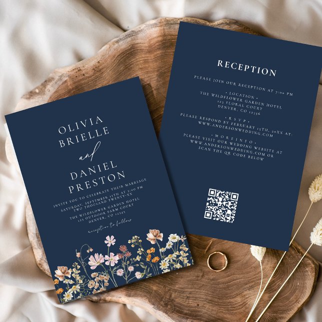 Navy Blue Wildflower All in One QR Code Wedding Invitation (Creator Uploaded)