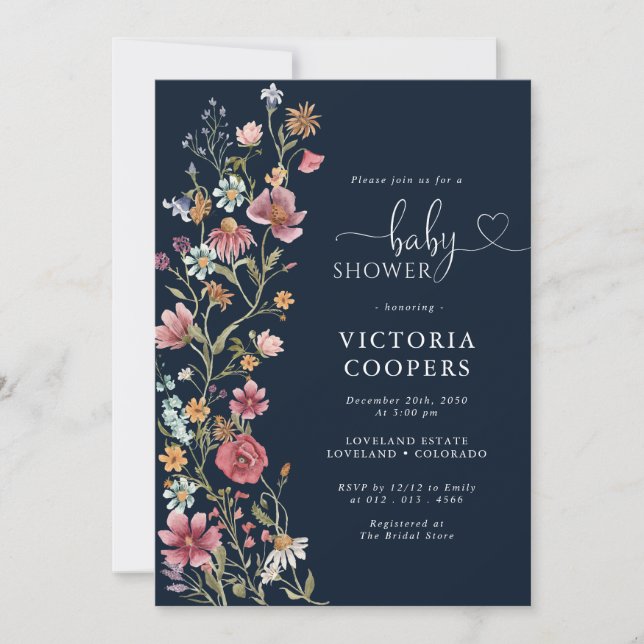 Navy Blue Wildflower Baby Shower Invitation (Front)