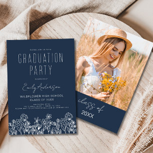Navy Blue Wildflower Bloom Graduation Party Boho Invitation
